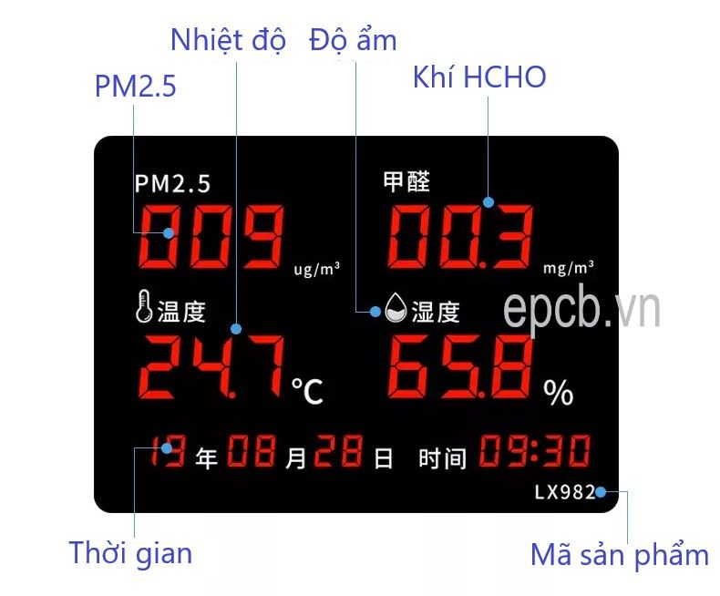 Đồng hồ Led hiển thị ngày giờ nhiệt độ độ ẩm độ bụi và khí HCHO ES-LX982