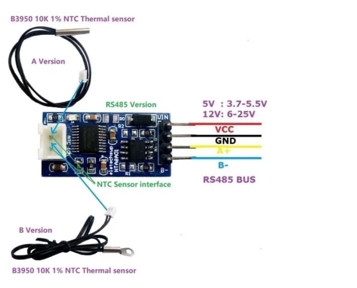 Mạch cảm biến nhiệt độ NTC10K RS485 Modbus RTU kết nối PLC