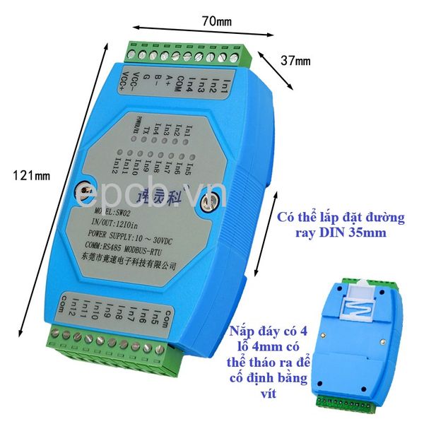 Module chuyển đổi đầu vào DI 12 kênh SW02 sang RS485 Modbus RTU