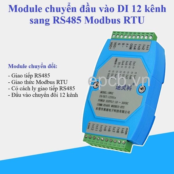 Module chuyển đổi đầu vào DI 12 kênh SW02 sang RS485 Modbus RTU