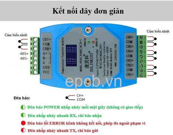 Module đọc nhiệt độ loại K 8 kênh ngõ ra RS485 Modbus RTU