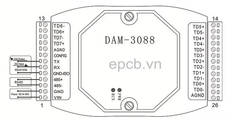 Module đọc nhiệt độ loại PT100 loại K sang RS485/232-DAM3088