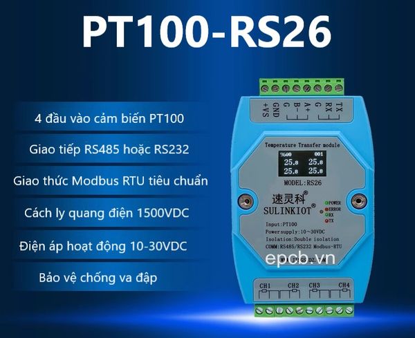 Module đọc nhiệt độ PT100 4 kênh ngõ ra RS485 Modbus RTU PT100-RS26