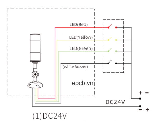 Đèn LED tháp 3 màu cảnh báo ánh sáng và âm thanh 24V