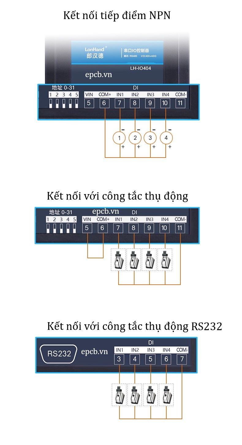 Relay 4 kênh đầu ra IO giao tiếp RS485/RS232 công nghiệp LH-IO-01