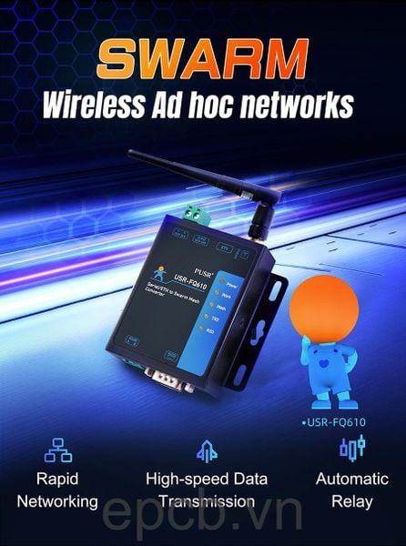 Bo Chuyen Doi RS232/RS485/Ethernet sang Mang Khong Day Swarm Mesh USR-FQ610