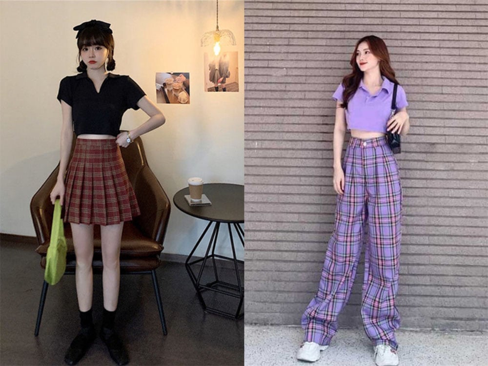 Phối áo polo croptop với quần ống suông caro hoặc váy kẻ caro