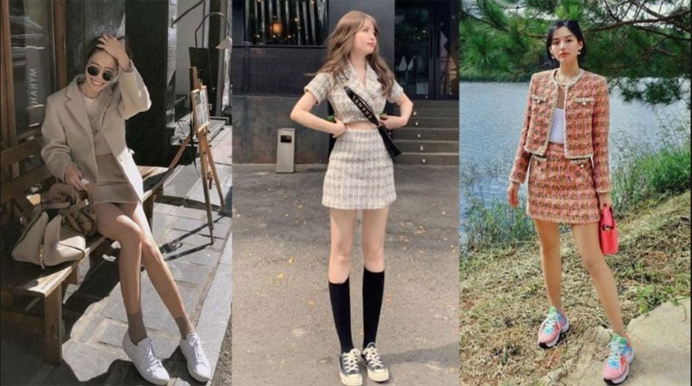 Áo khoác dạ + Váy ngắn + Giày thể thao