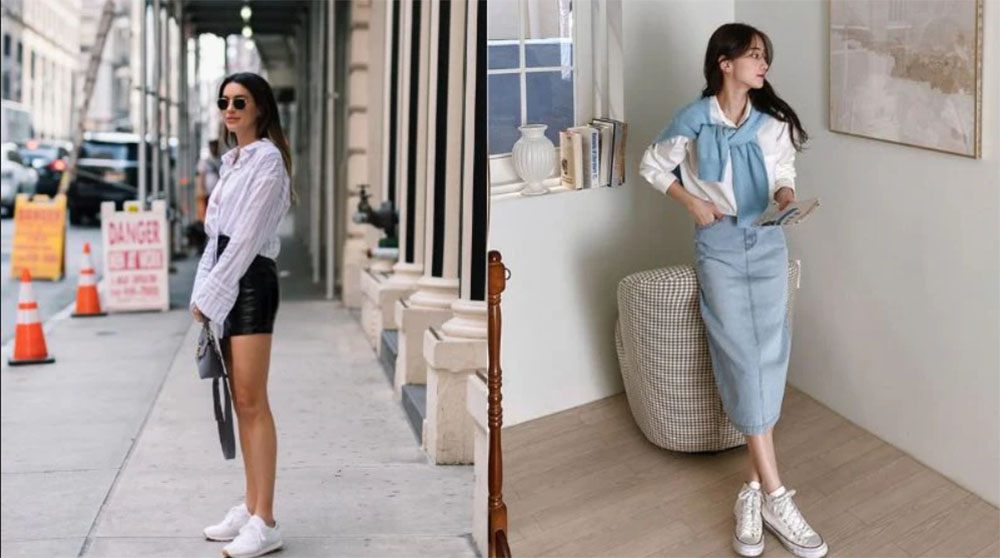 Áo sơ mi + Chân váy + Giày thể thao trắng