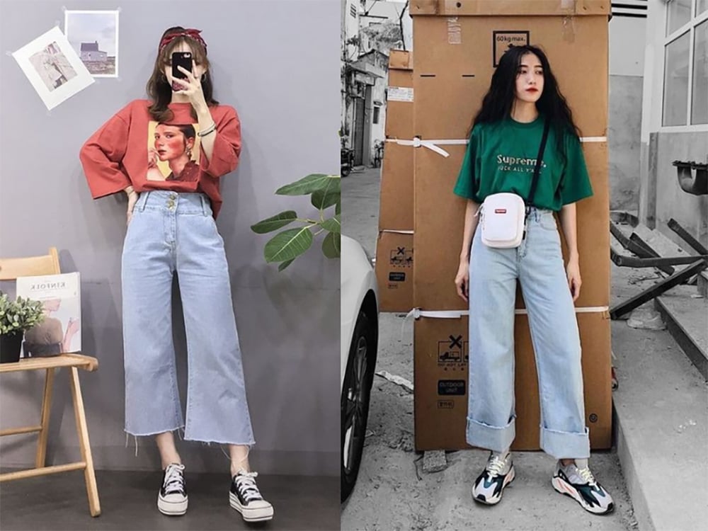 Áo thun nữ mix với quần ống rộng