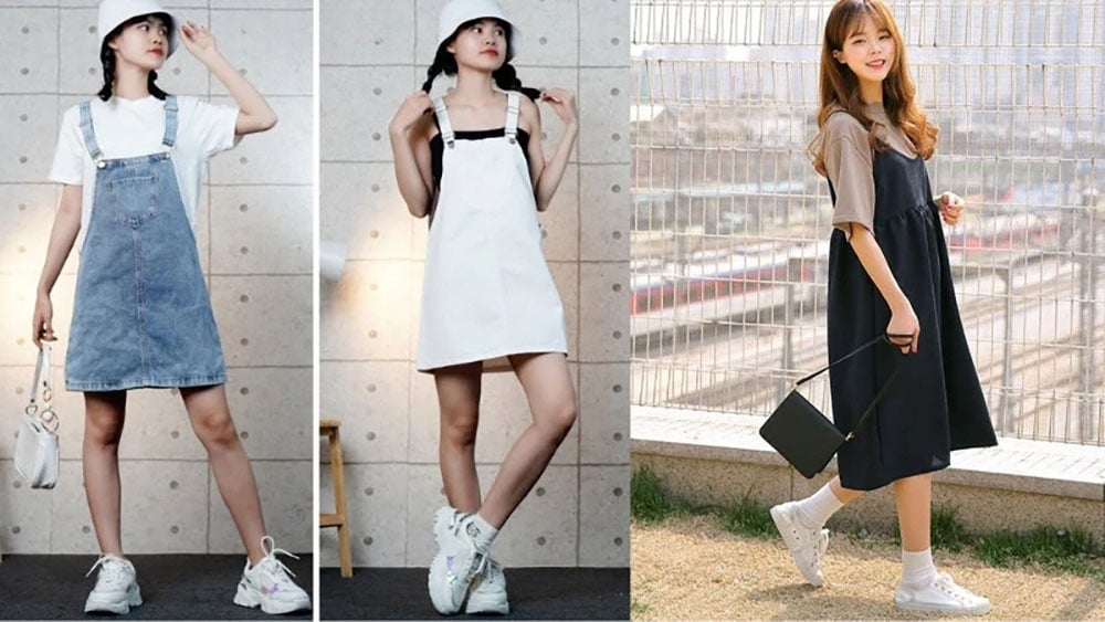 Giày trắng mix cùng quần/váy yếm