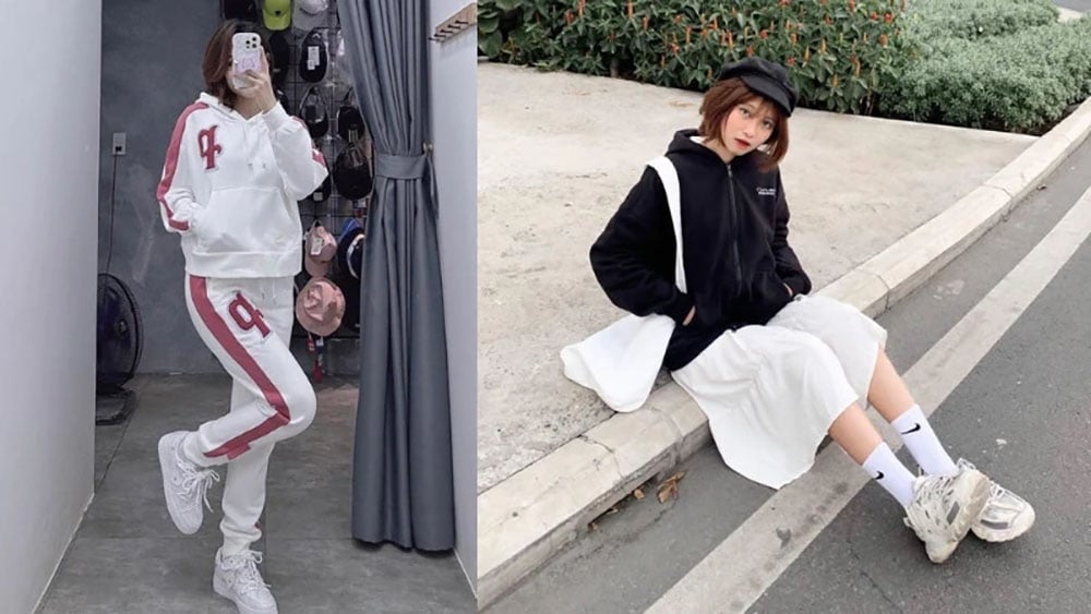 Giày trắng phối cùng áo hoodie