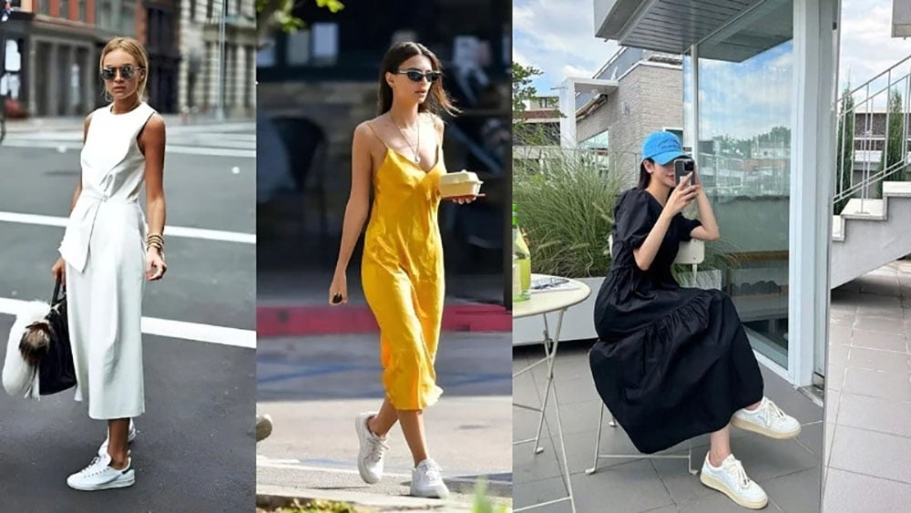 Giày trắng phối với váy suông