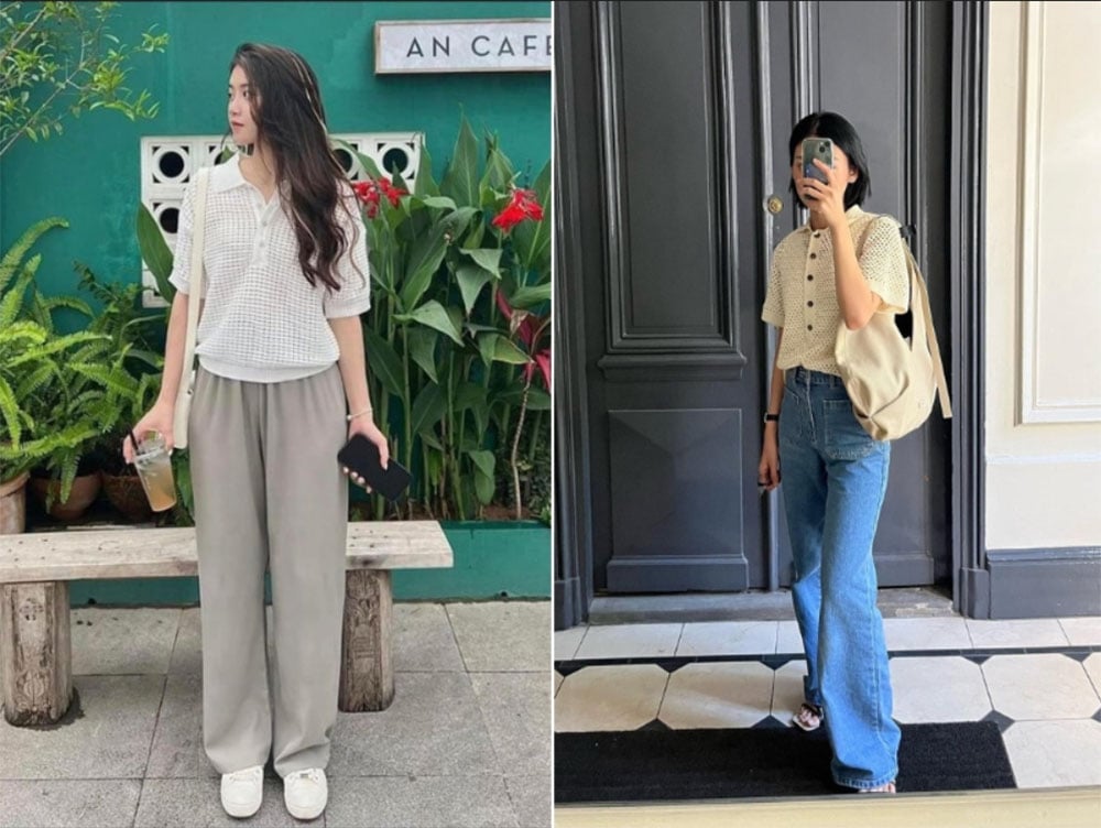 Phối áo polo crochet với quần ống rộng kaki hoặc denim