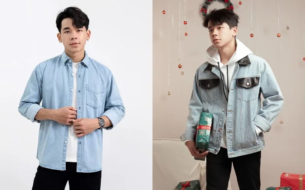 Phối áo phông dài tay và áo khoác denim