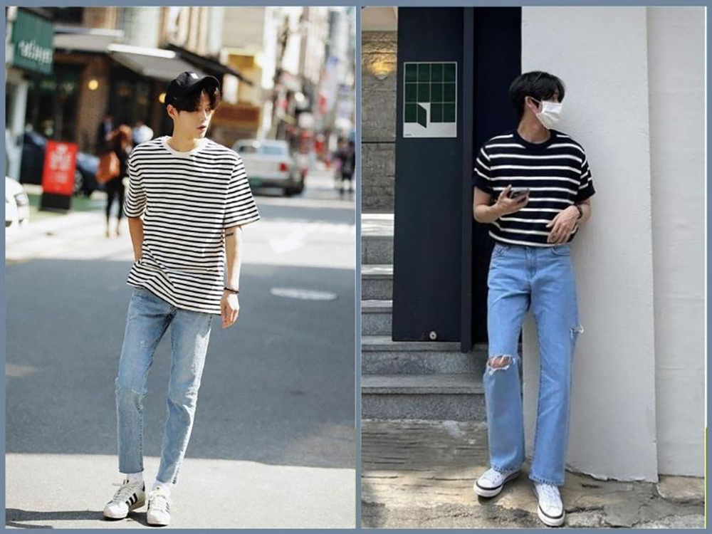 Phối áo thun nam sọc ngang với quần jean