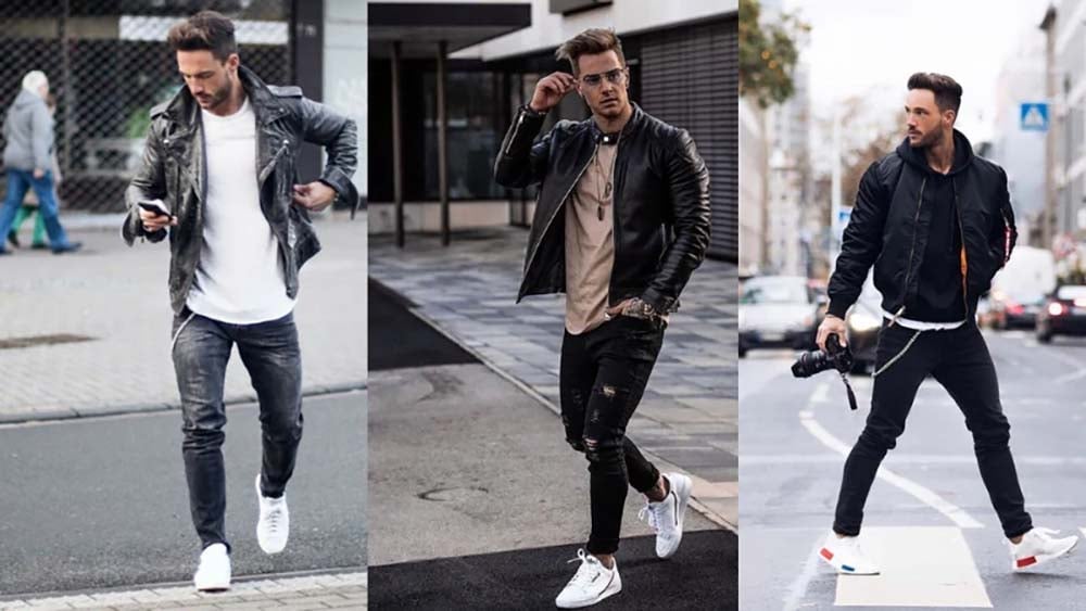 Kết Hợp Sneaker Nam Với Áo Khoác Da