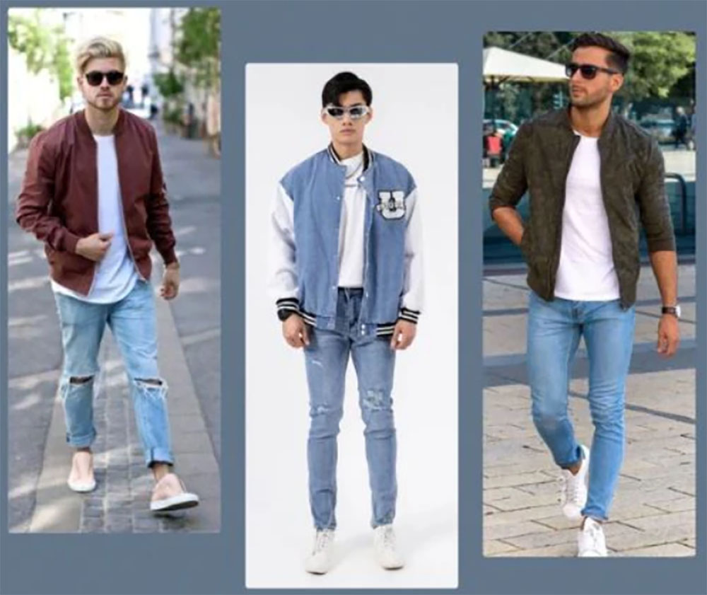 Áo khoác bomber + Áo thun + Quần jeans + Giày thể thao