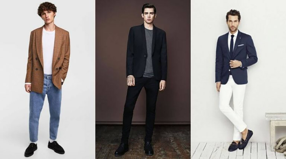 Phối áo thun trơn nam với quần jean và áo blazer