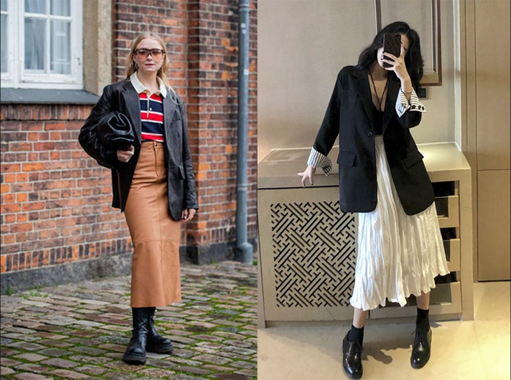 Phối áo polo nữ với blazer và chân váy midi