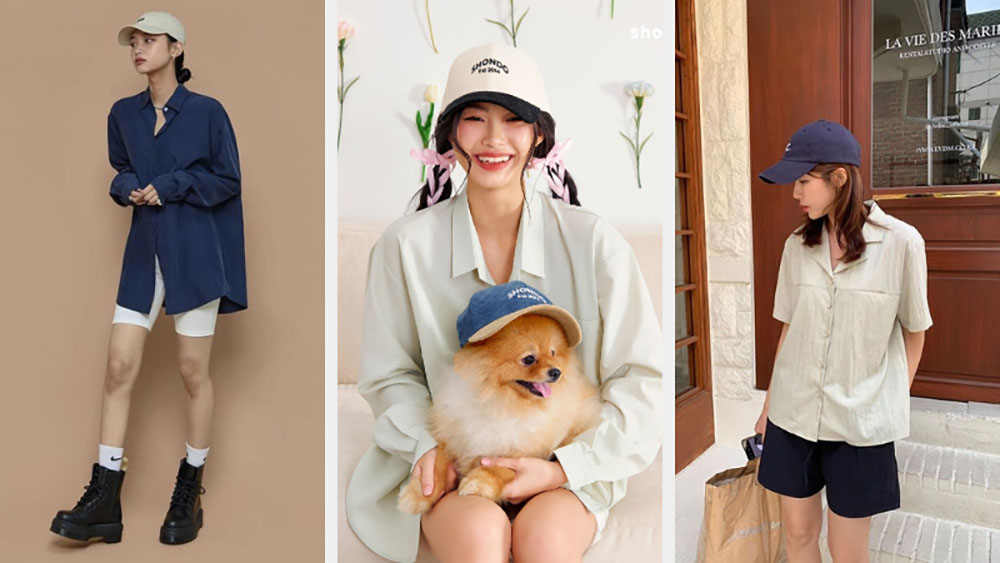 Phối cùng áo sơ mi và quần ống rộng + mũ lưới trai