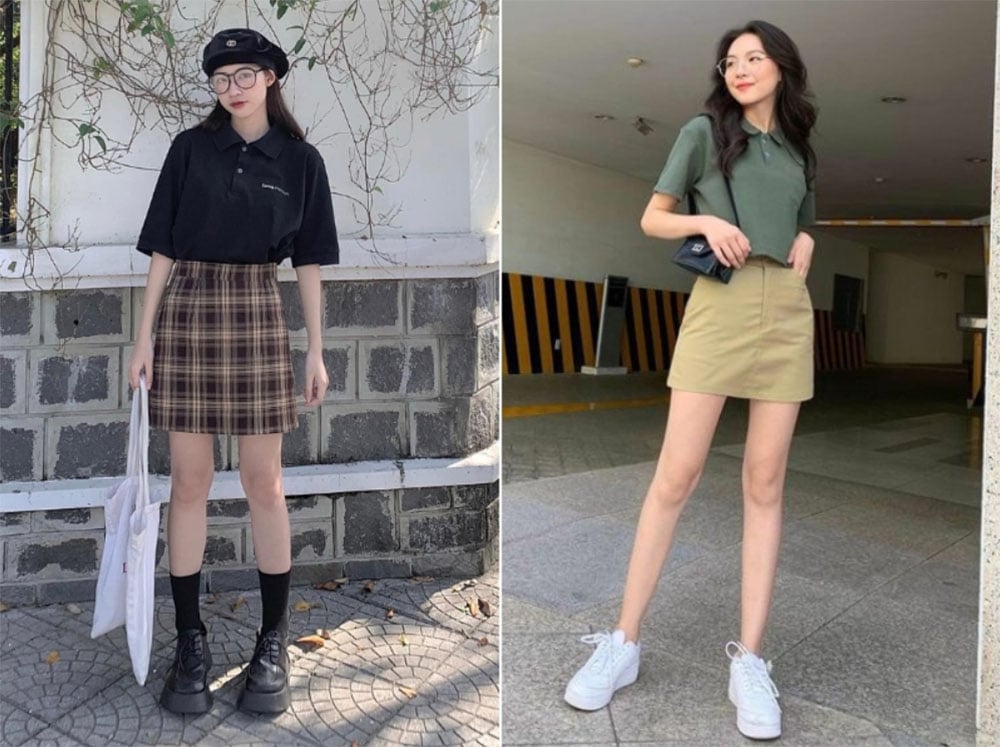 Phối áo polo nữ với váy chữ A dáng ngắn