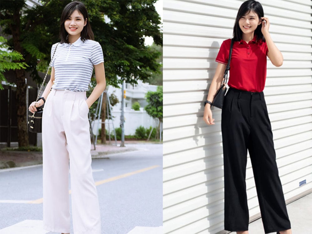 Phối áo polo cùng quần vải ống rộng