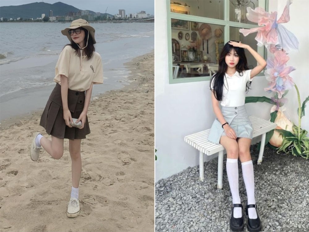 Phối áo polo với váy xếp ly cách điệu