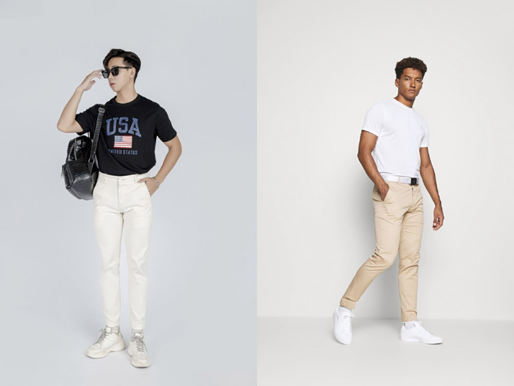 Phối giày trắng với quần kaki và áo T-shirt – Phong cách thể thao năng động cho nam