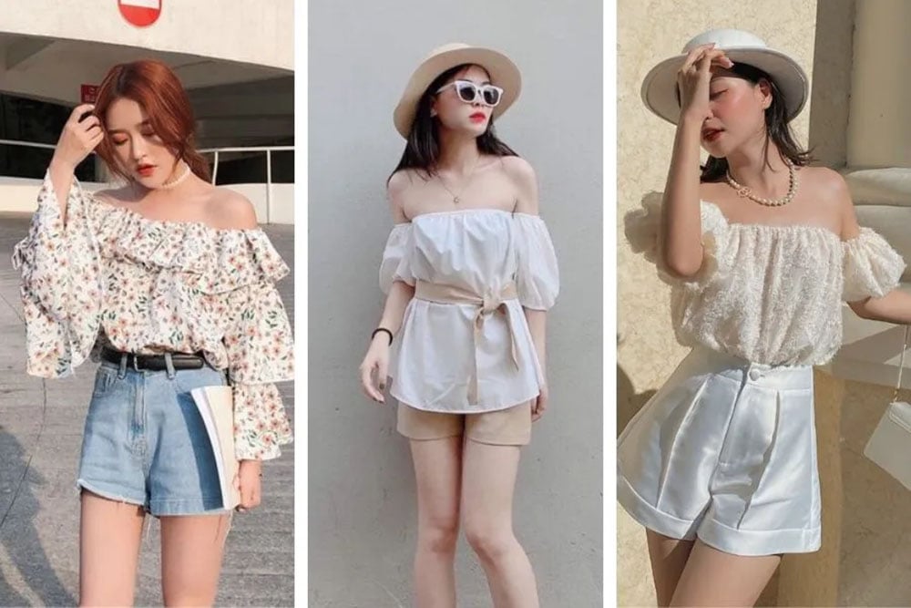 Quyến rũ và duyên dáng với áo trễ vai phối cùng quần short nữ