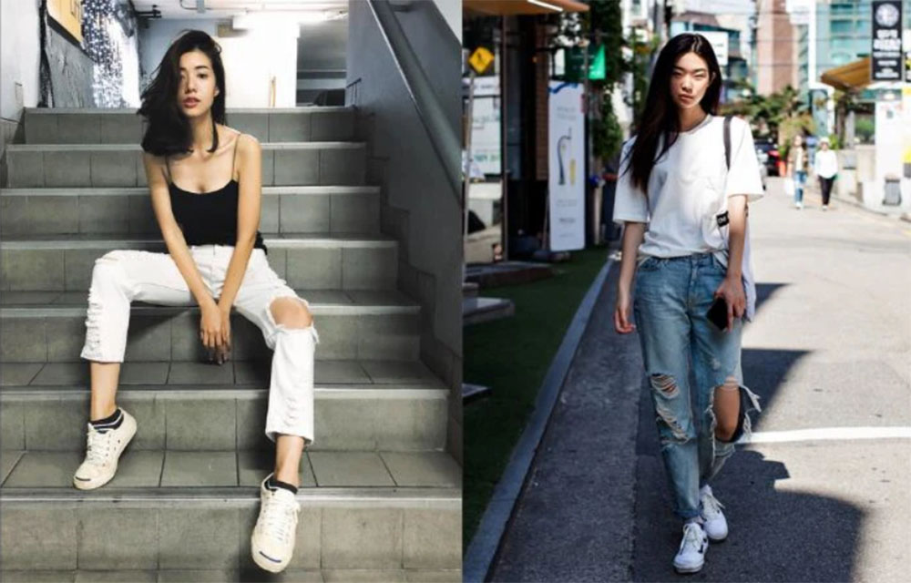 Áo thun + Quần jean rách + Giày thể thao trắng