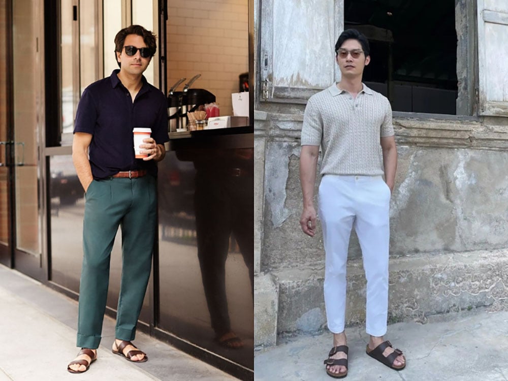 Kết hợp áo polo và giày sandal – Phóng khoáng, thoải mái