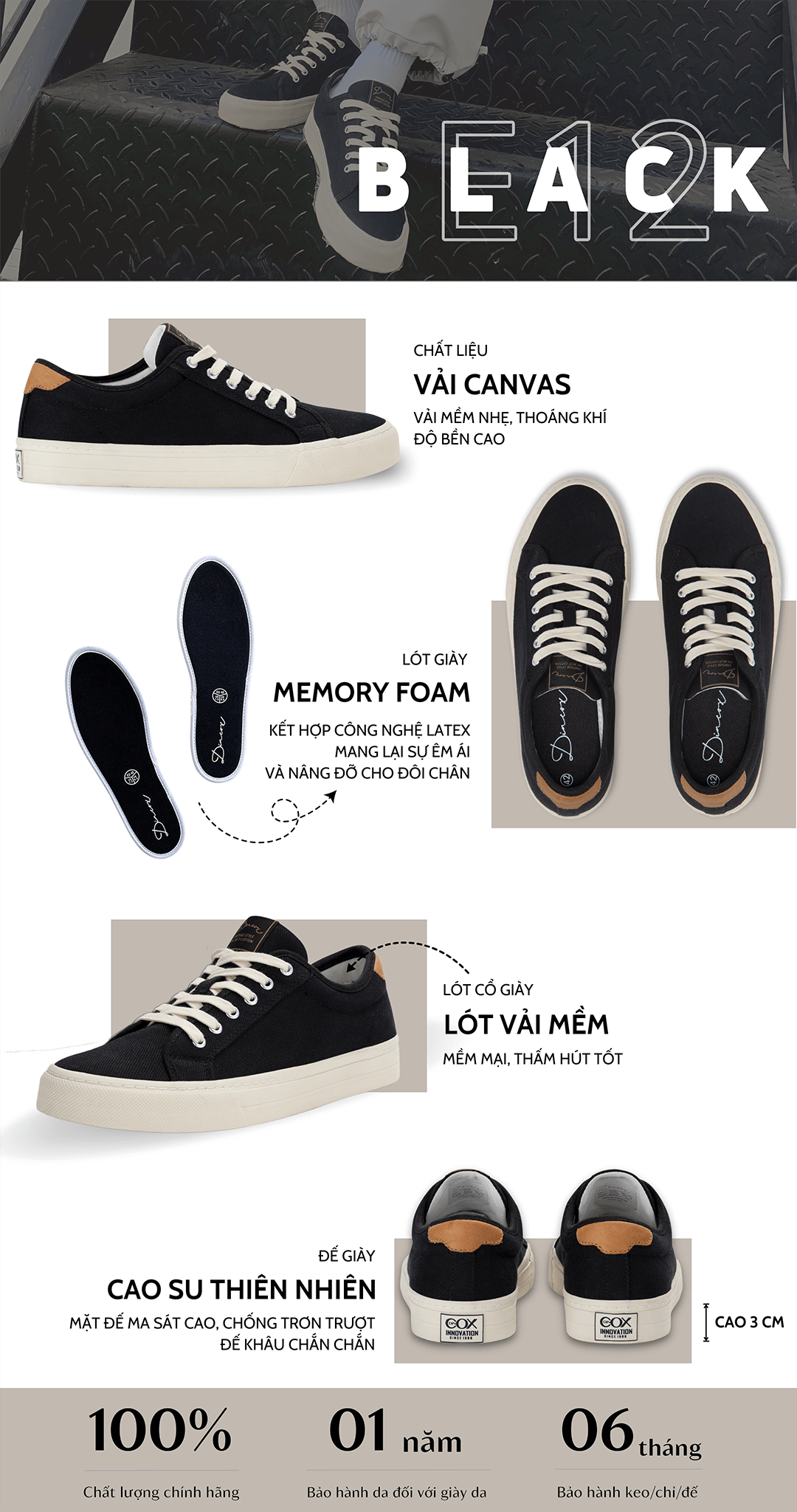 giày vải cho nam màu đen E12 Black Dincox Shoes