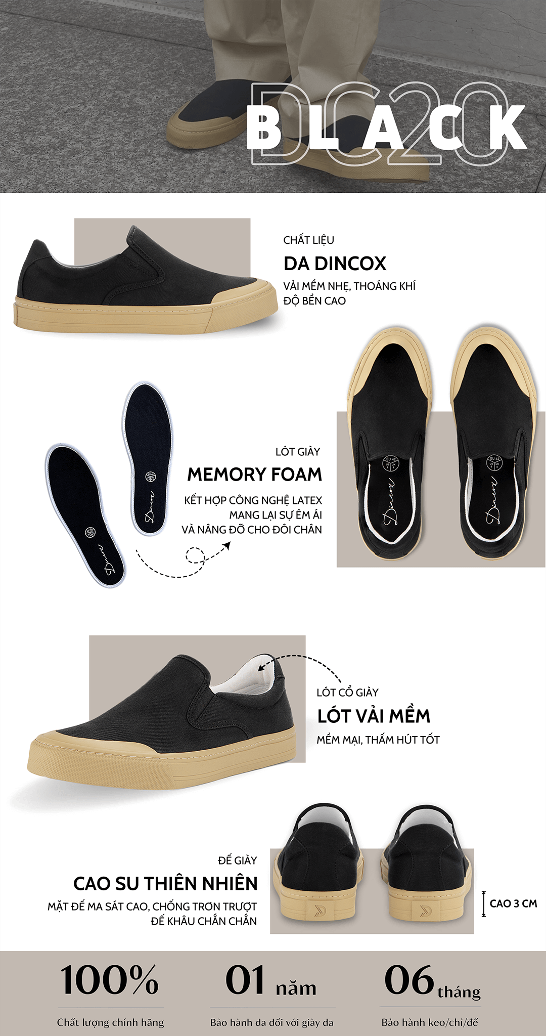 DC20 Black giày lười chất vải cho nam Dincox Shoes
