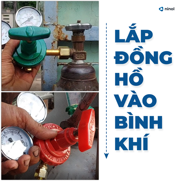 Lắp đồng hồ oxy - gas vào bình khí