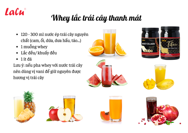 Cách pha chế Lacu whey protein, Lacu whey collagen với nước ép trái cây