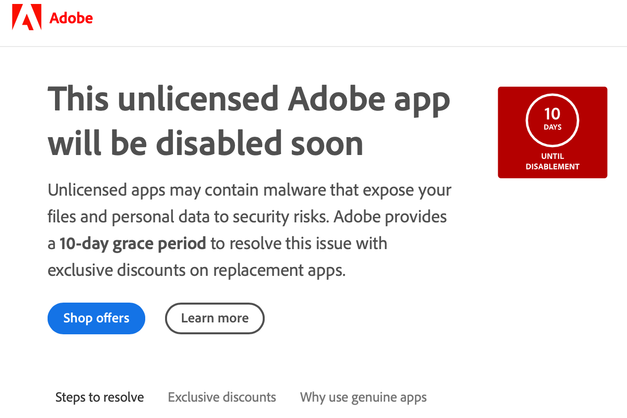 Hướng dẫn sửa lỗi: “This unlicensed Adobe app will be disable soon….”