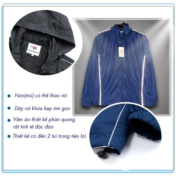 Áo khoác dù nam thể thao có nón rời chống nắng, giữ ấm tốt, thiết kế viền dạ quang basic trẻ trung năng động AKD905 PIGOFASHION
