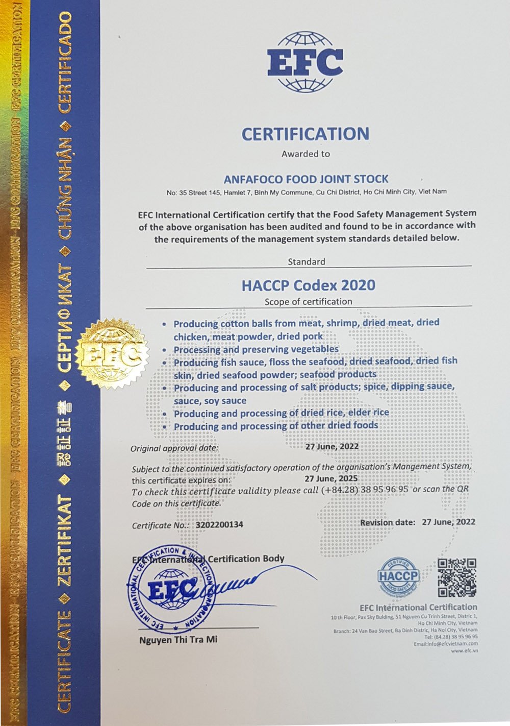 Xưởng Anfafoco tự hào đạt chứng nhận tiêu chuẩn HACCP Codex 2020