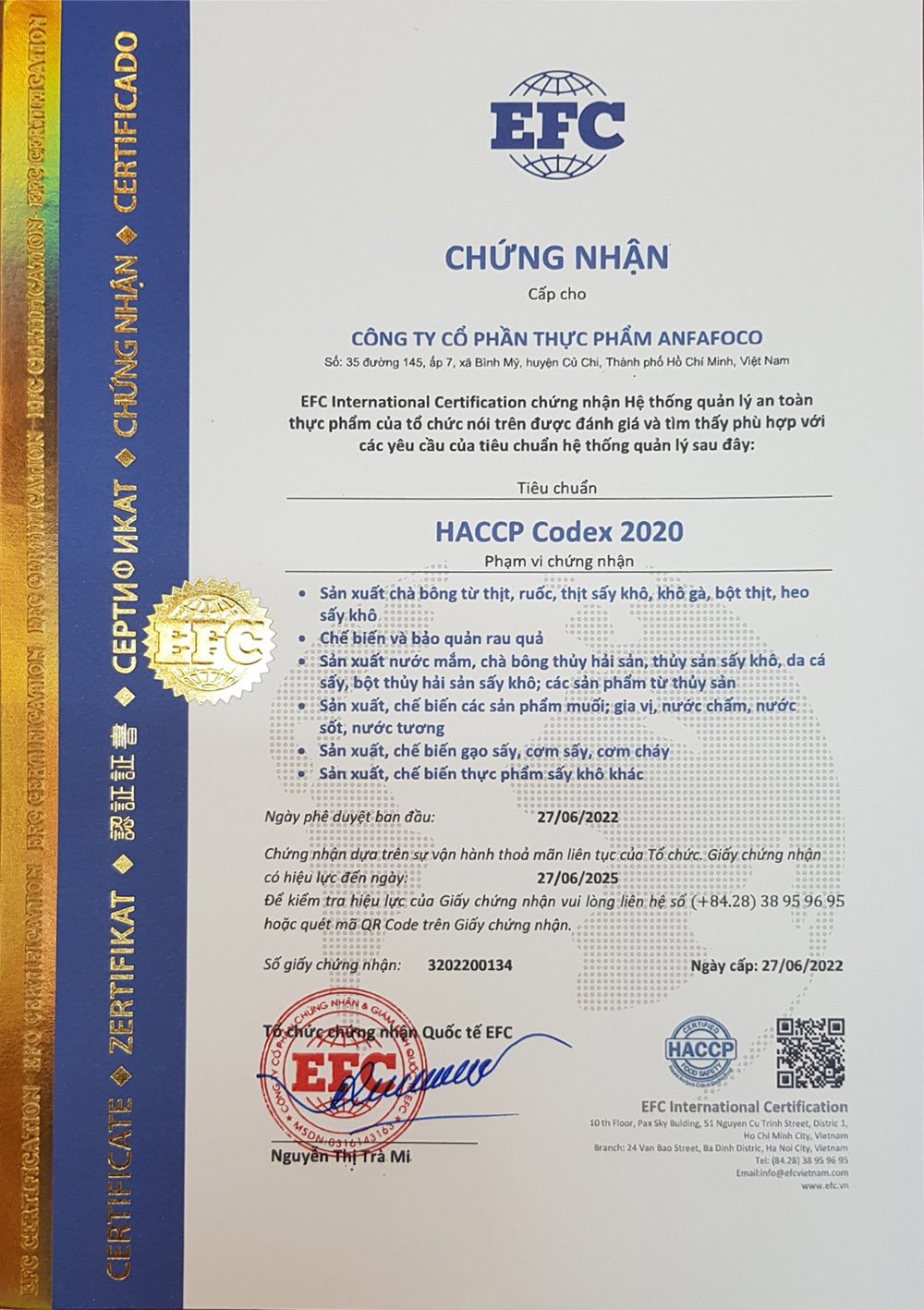 Xưởng Anfafoco tự hào đạt chứng nhận tiêu chuẩn HACCP Codex 2020