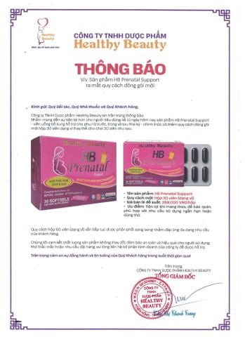 THÔNG BÁO RA MẮT QUY CÁCH ĐÓNG GÓI MỚI CÙA HB PRENATAL SUPPORT (Hộp 3 vỉ x 10 viên)