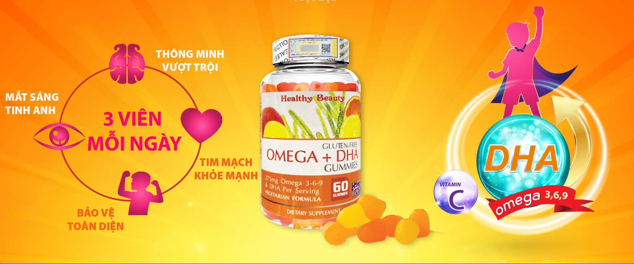 Healthy Beauty Omega DHA Gummies 60 viên Dành cho bé 