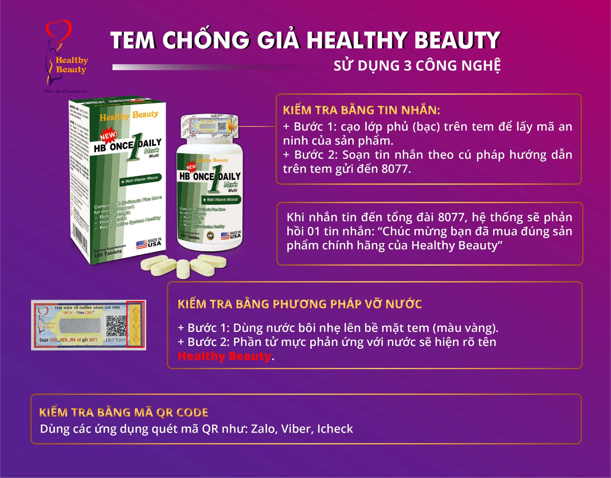 Hướng dẫn sử dụng tem chống giả 3 công nghệ HB Once Daily Men