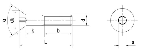 Bảng vẽ bu lông lục giác chìm đầu bằng theo DIN
