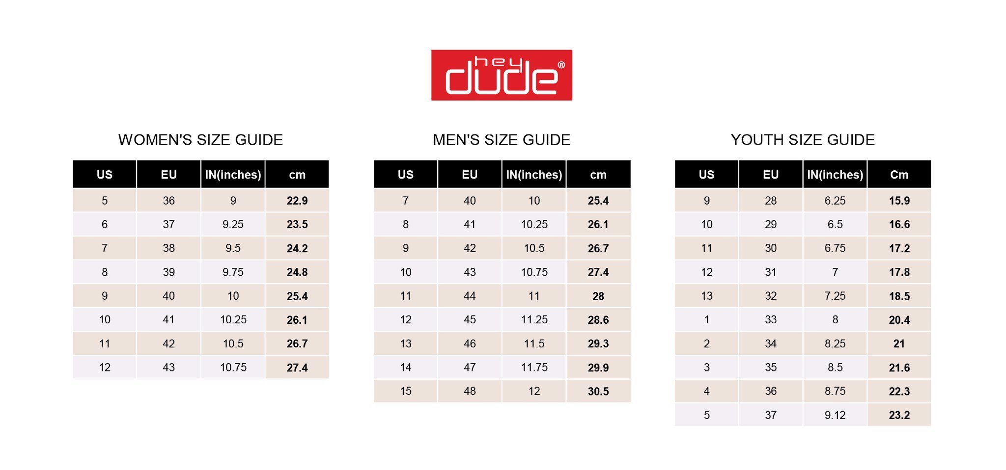 Hey Dude Size Chart In Inches