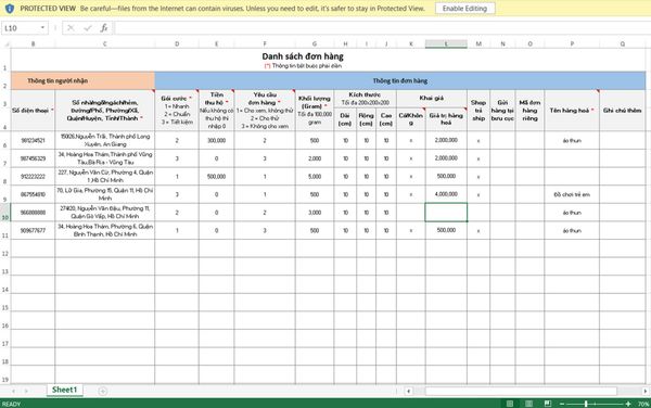 Tại sao tôi đã tạo đơn hàng loạt bằng Excel mà sau đó nhận được thông tin là đơn hàng bị sai?