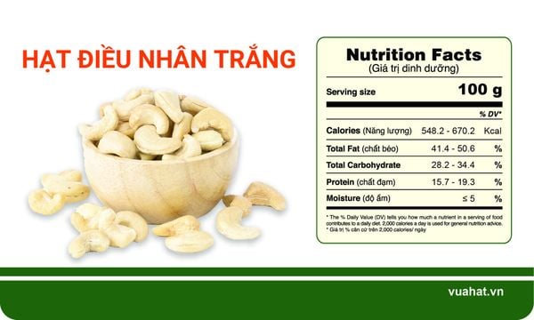 Giá trị dinh dưỡng hạt điều nhân trắng