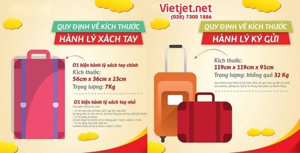 Hành lý ký gửi sẽ có kích thước tối đa là 119cm x 119cm x 91cm