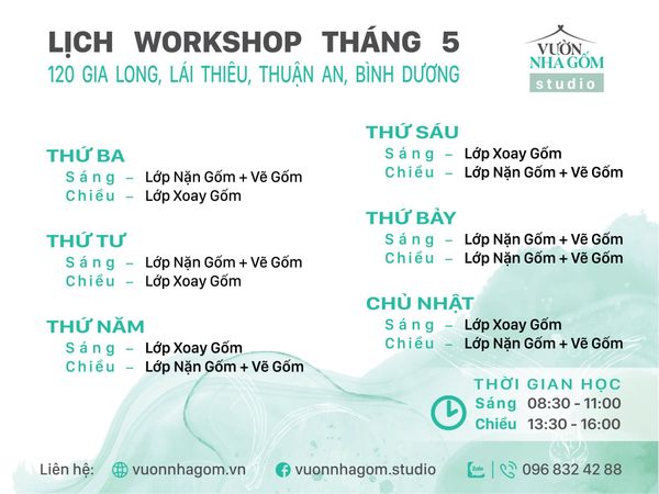 Lịch workshop trải nghiệm làm gốm Tháng 5/2021 tại Vườn Nhà Gốm