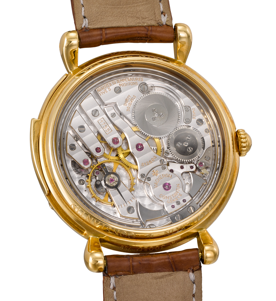 Pictured is the case-back of a Vacheron Constantin Patrimony Minute Repeater ref. 30020-1992 showcasing the calibre 1755, photo credit from Christies.